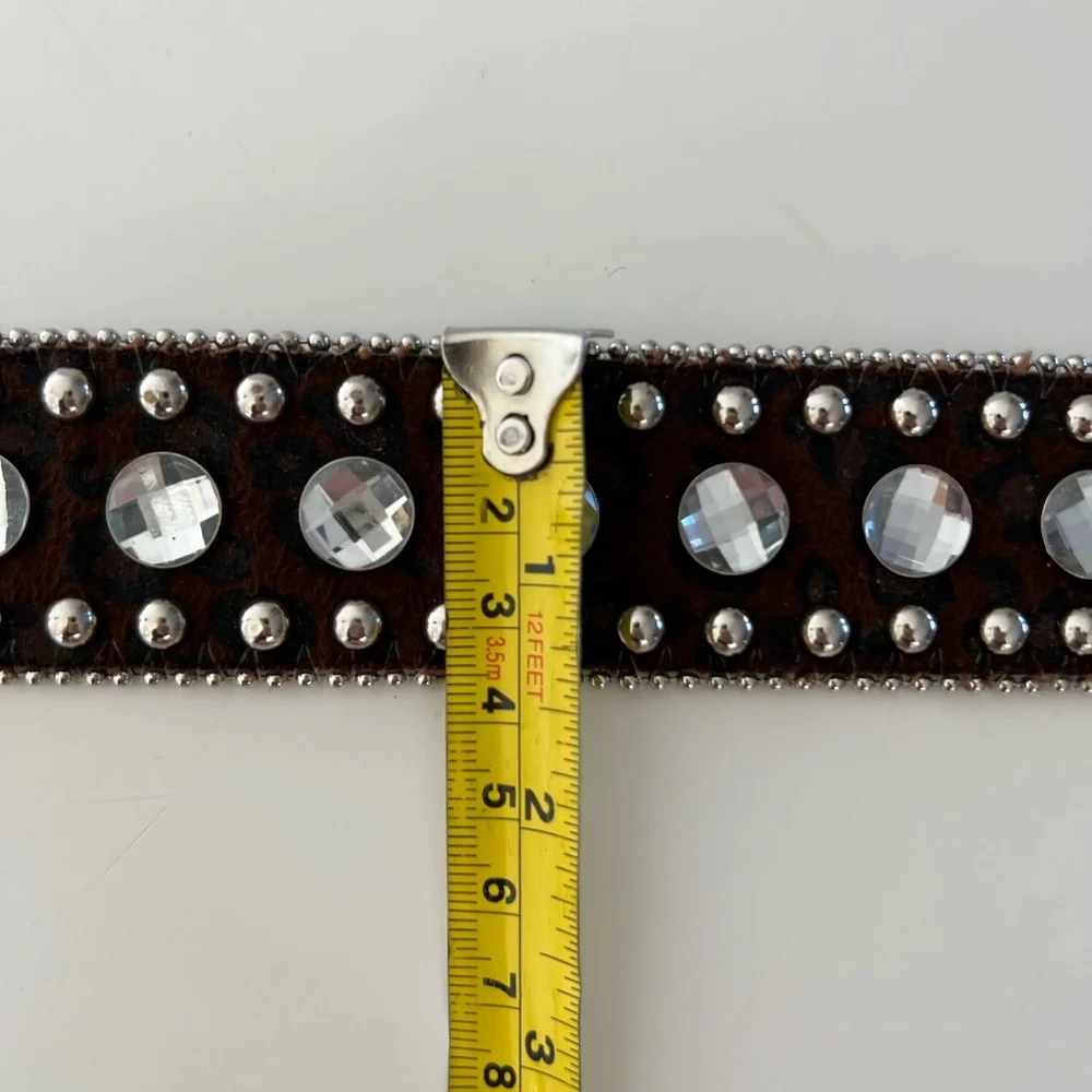 Leather Leopard‎ Print Rhinestone Silver Metal Western Studded Belt